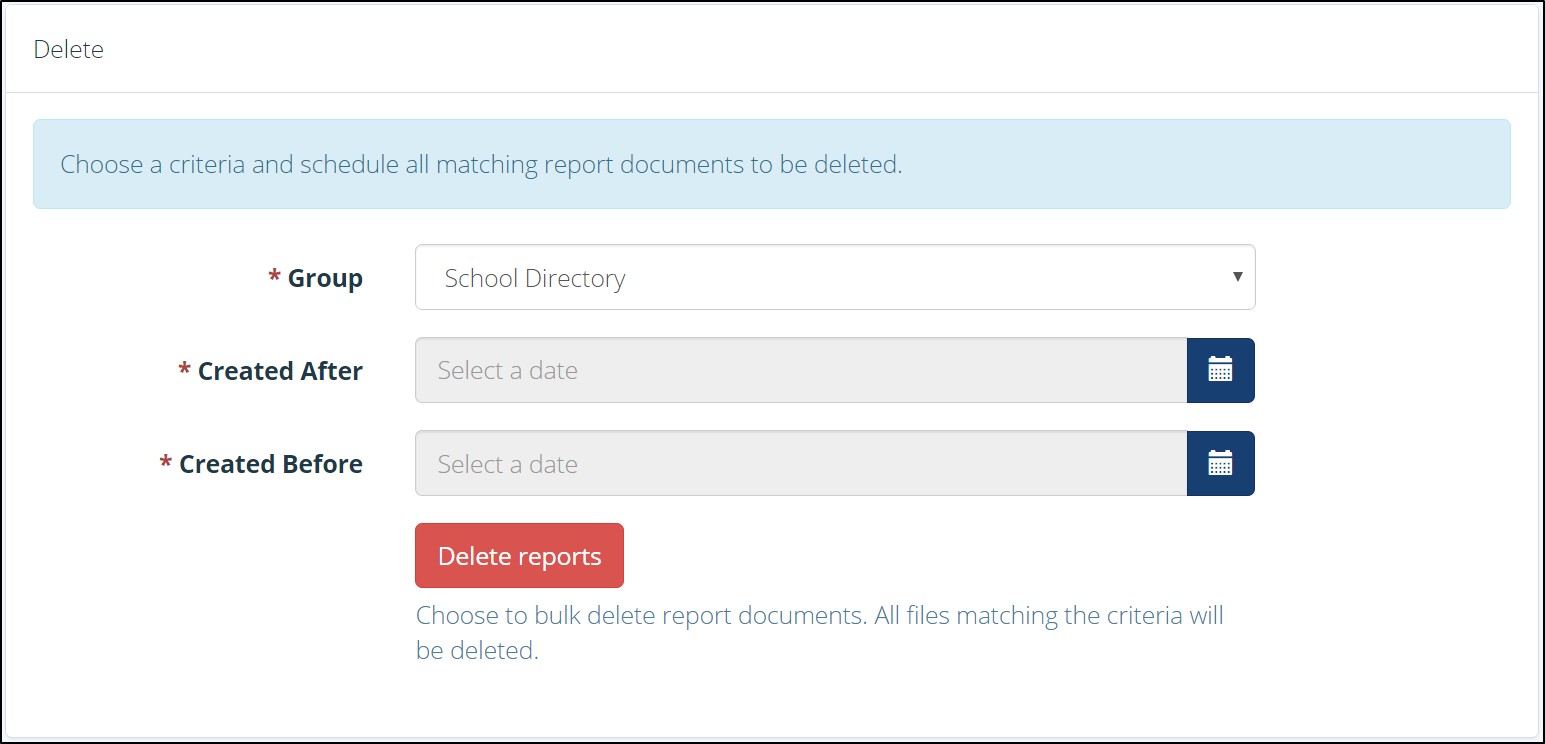 The Report Zone 'Bulk Delete' page