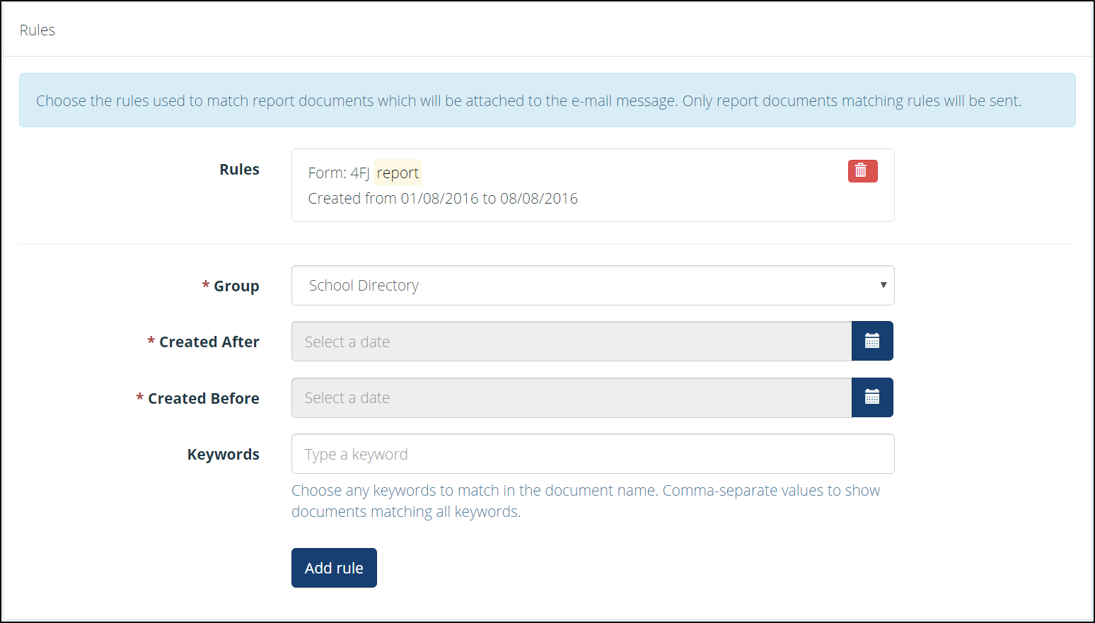 The Report Zone Bulk Email 'Rules' section